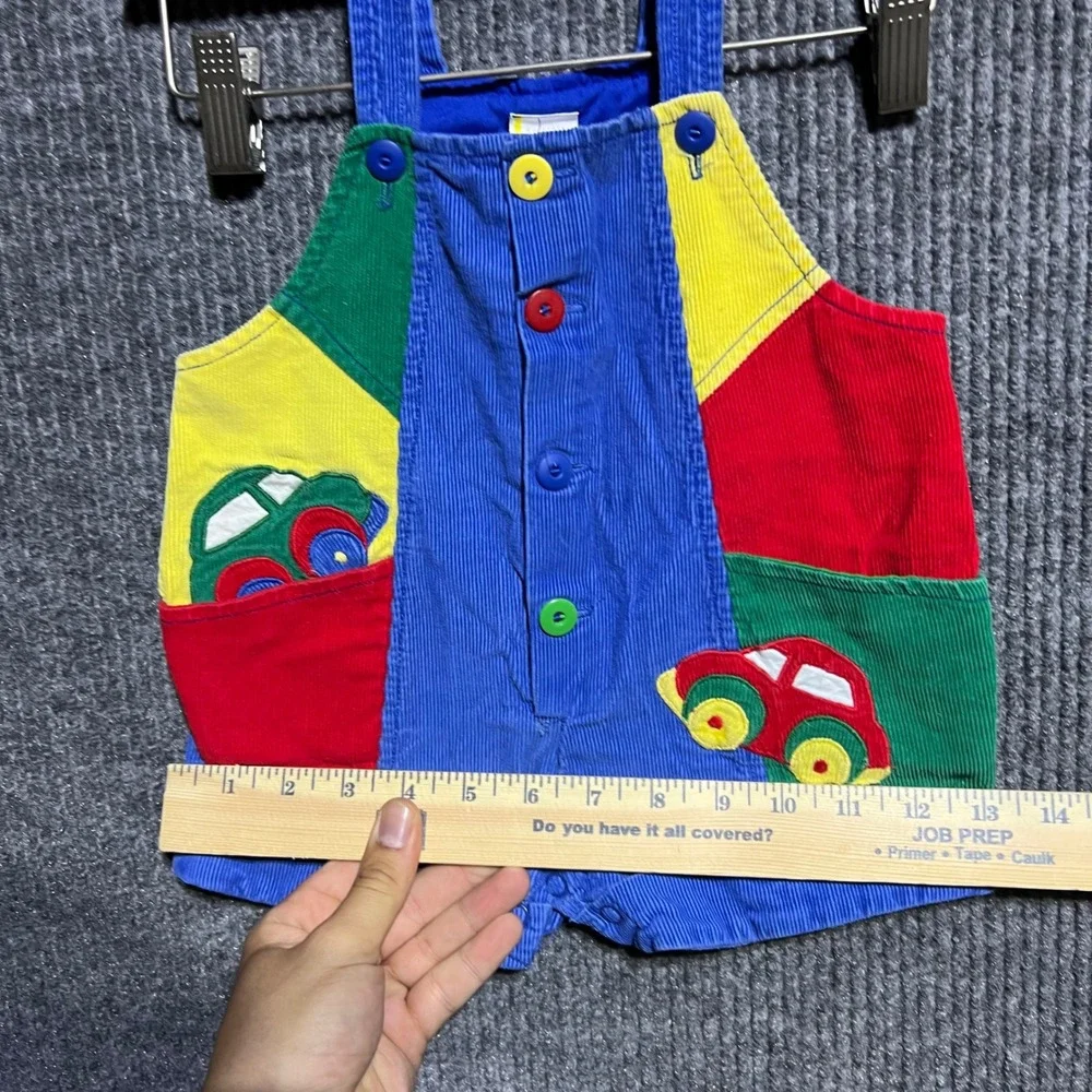 Vintage Unbranded Corduroy Overalls Kids 12M Blue Colorblock Car Retro Shortalls